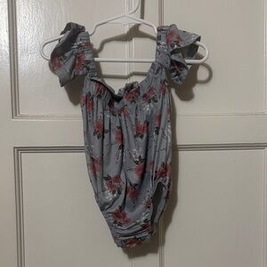 Girls' Floral Ruffle One-Piece Swimsuit - Gray with Pink Flowers